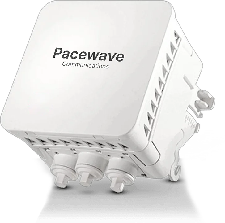 Pacewave mmWave Radio, E-band model: white weather-sealed enclosure with the Pacewave wordmark