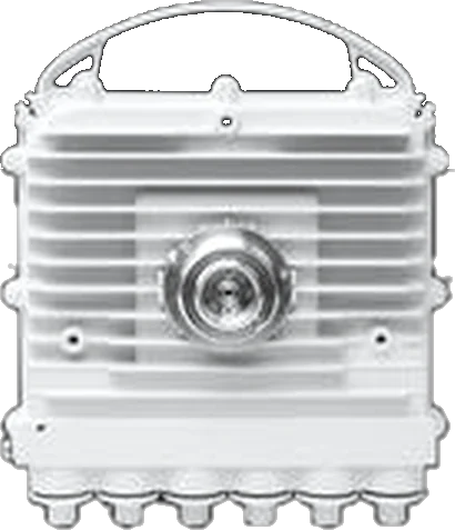 mmWave Radio V-1G: finned outdoor radio housing with a central antenna port