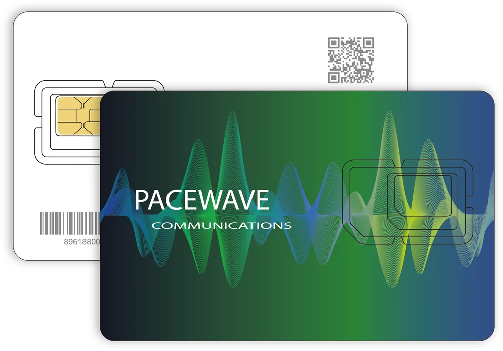 Pacewave-branded SIM card, front and back: a full-size card with break-out SIM outlines, a gold contact chip, a QR code and barcode