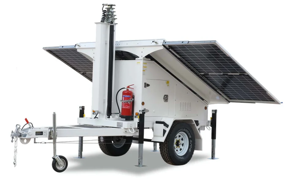 Solar-powered communications trailer with an extendable mast and fold-out solar panels