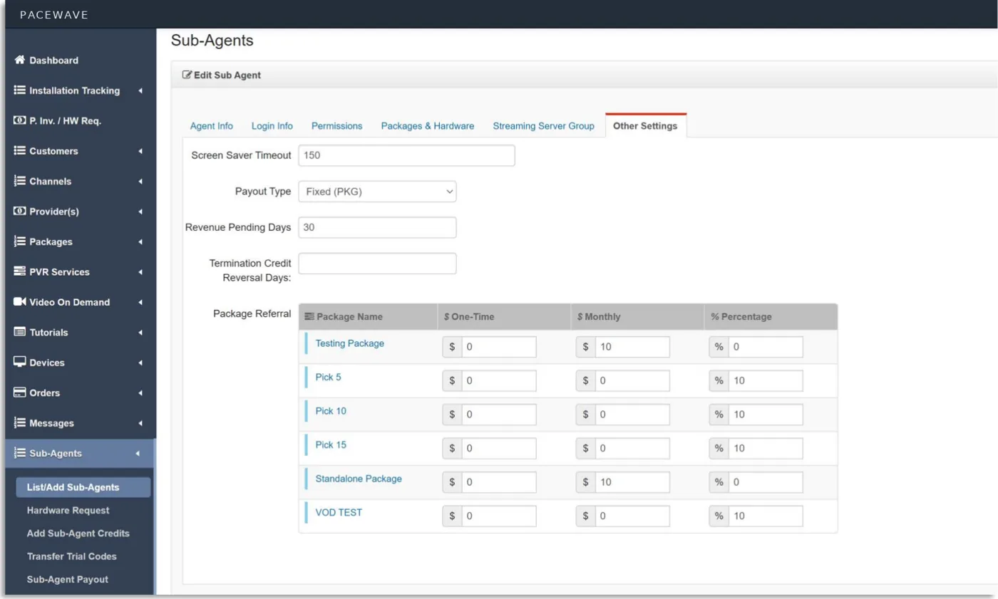 Sub-agent settings and referral payouts screen